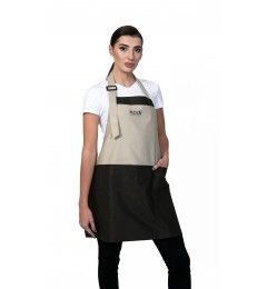 Tablier, couleur : beige avec empiècements marron, logo noir (court)